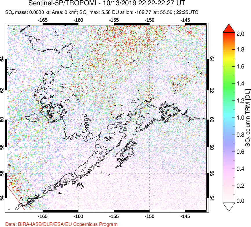 A sulfur dioxide image over Alaska, USA on Oct 13, 2019.