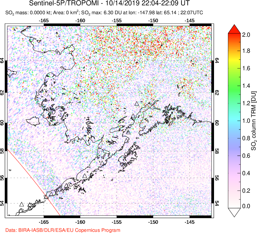 A sulfur dioxide image over Alaska, USA on Oct 14, 2019.