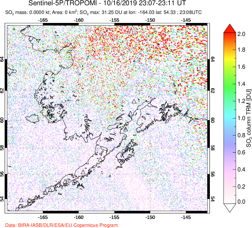 A sulfur dioxide image over Alaska, USA on Oct 16, 2019.