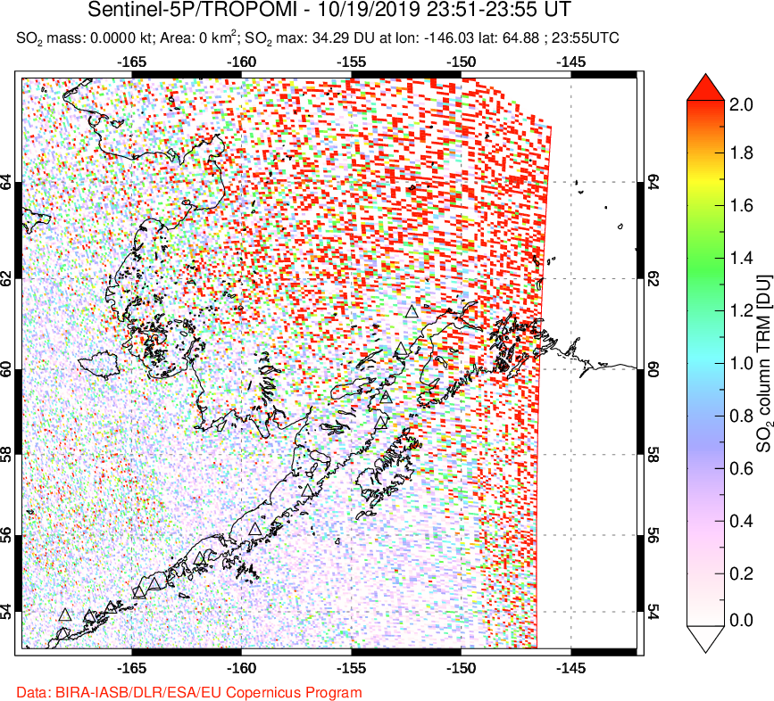 A sulfur dioxide image over Alaska, USA on Oct 19, 2019.