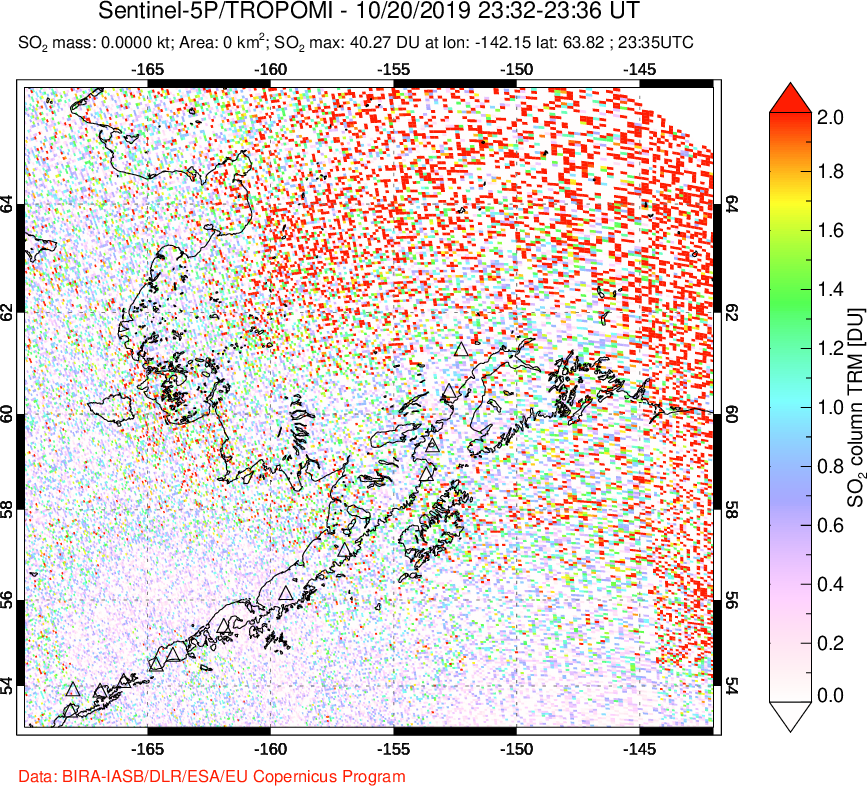 A sulfur dioxide image over Alaska, USA on Oct 20, 2019.
