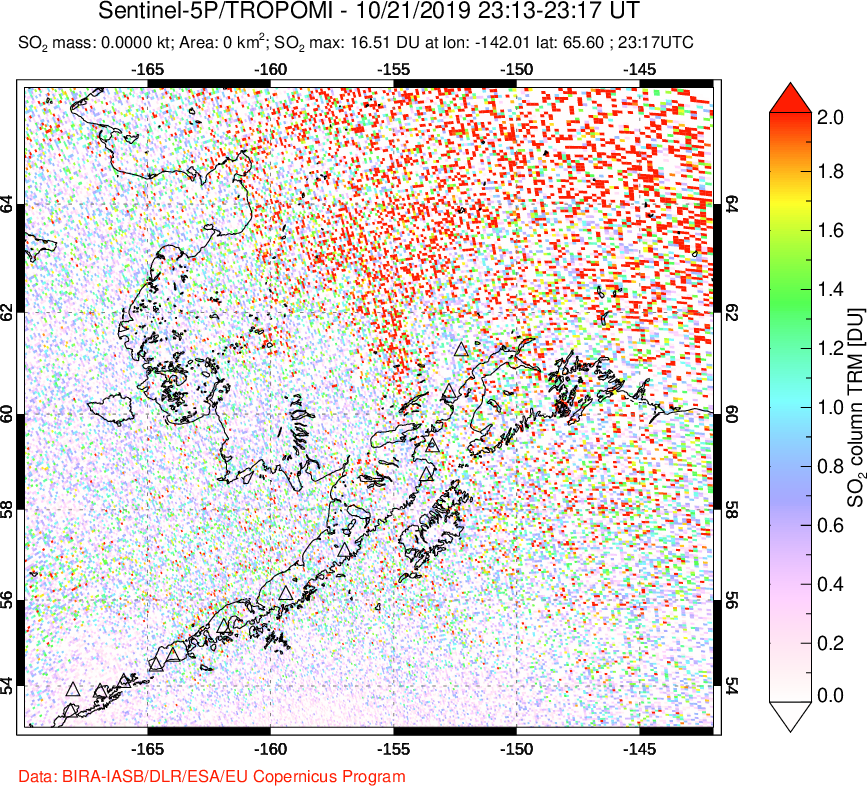 A sulfur dioxide image over Alaska, USA on Oct 21, 2019.