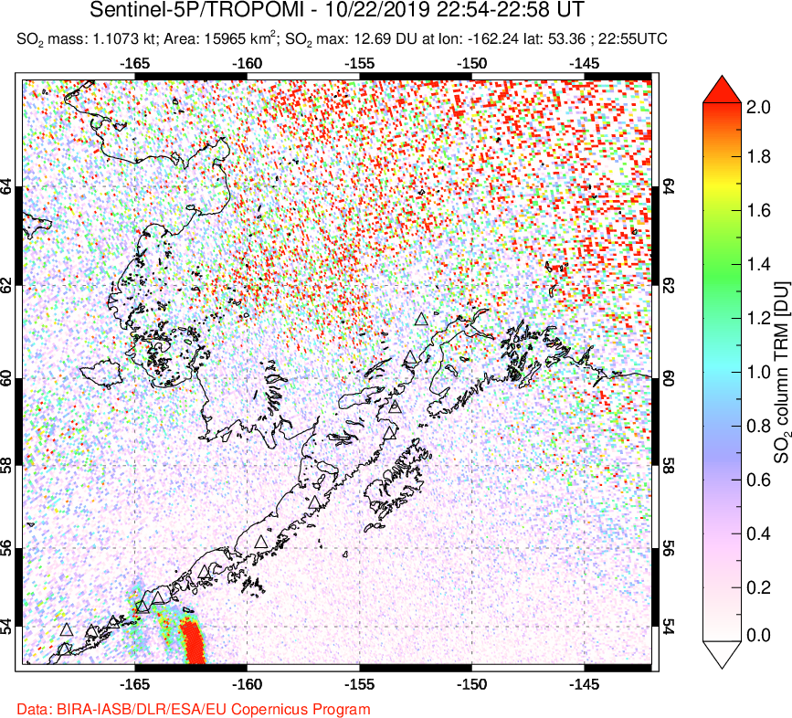 A sulfur dioxide image over Alaska, USA on Oct 22, 2019.