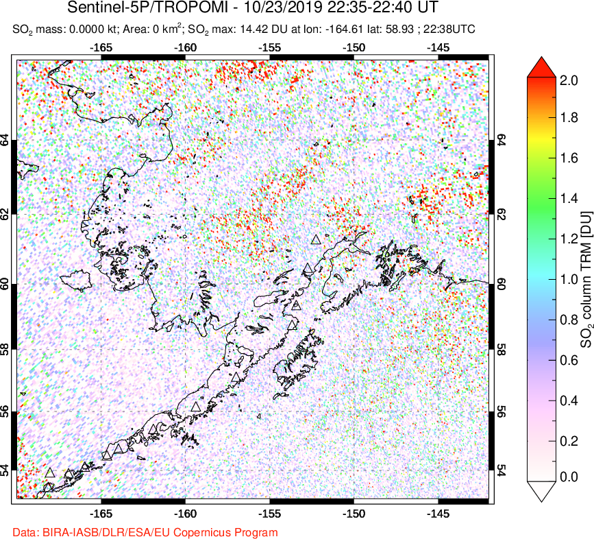 A sulfur dioxide image over Alaska, USA on Oct 23, 2019.