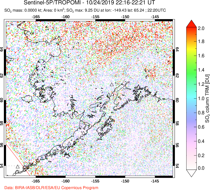 A sulfur dioxide image over Alaska, USA on Oct 24, 2019.
