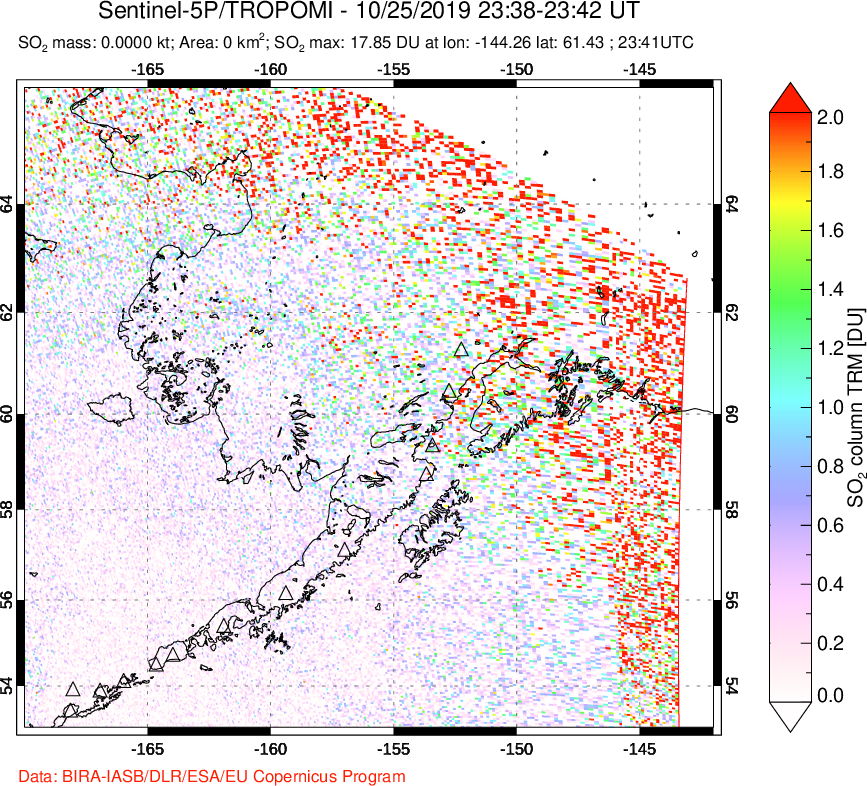 A sulfur dioxide image over Alaska, USA on Oct 25, 2019.
