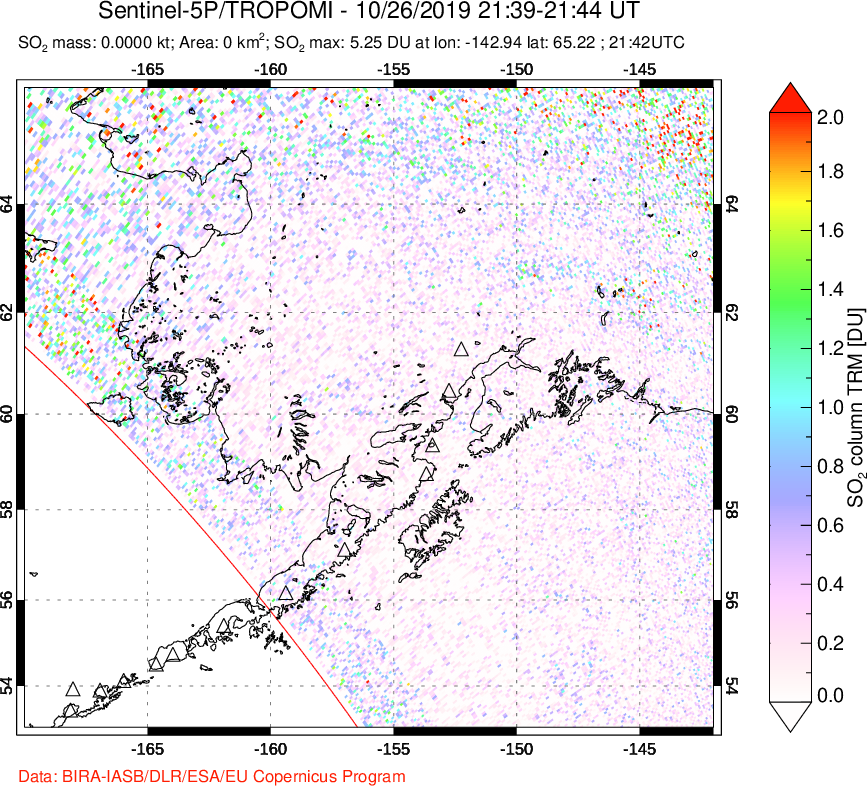 A sulfur dioxide image over Alaska, USA on Oct 26, 2019.
