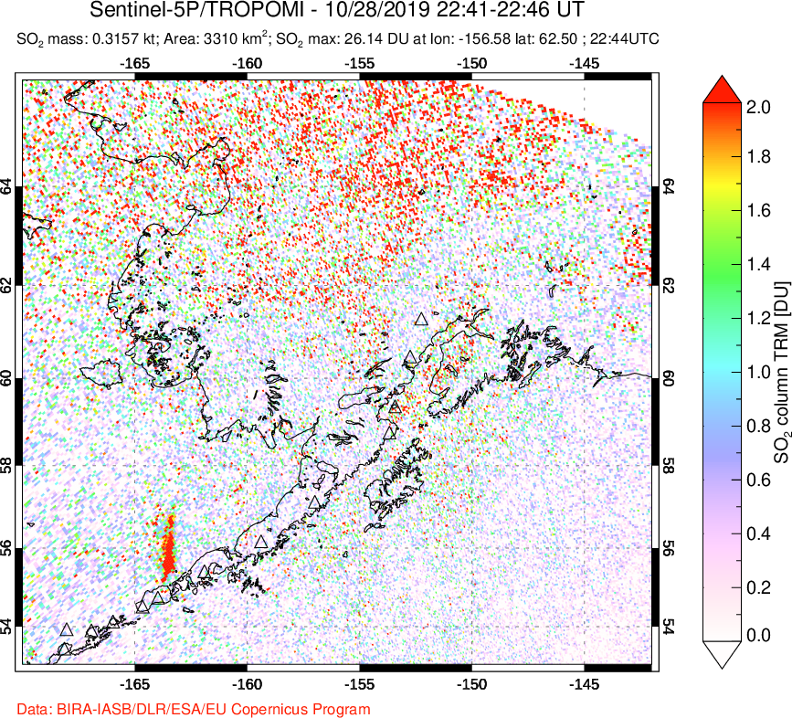 A sulfur dioxide image over Alaska, USA on Oct 28, 2019.