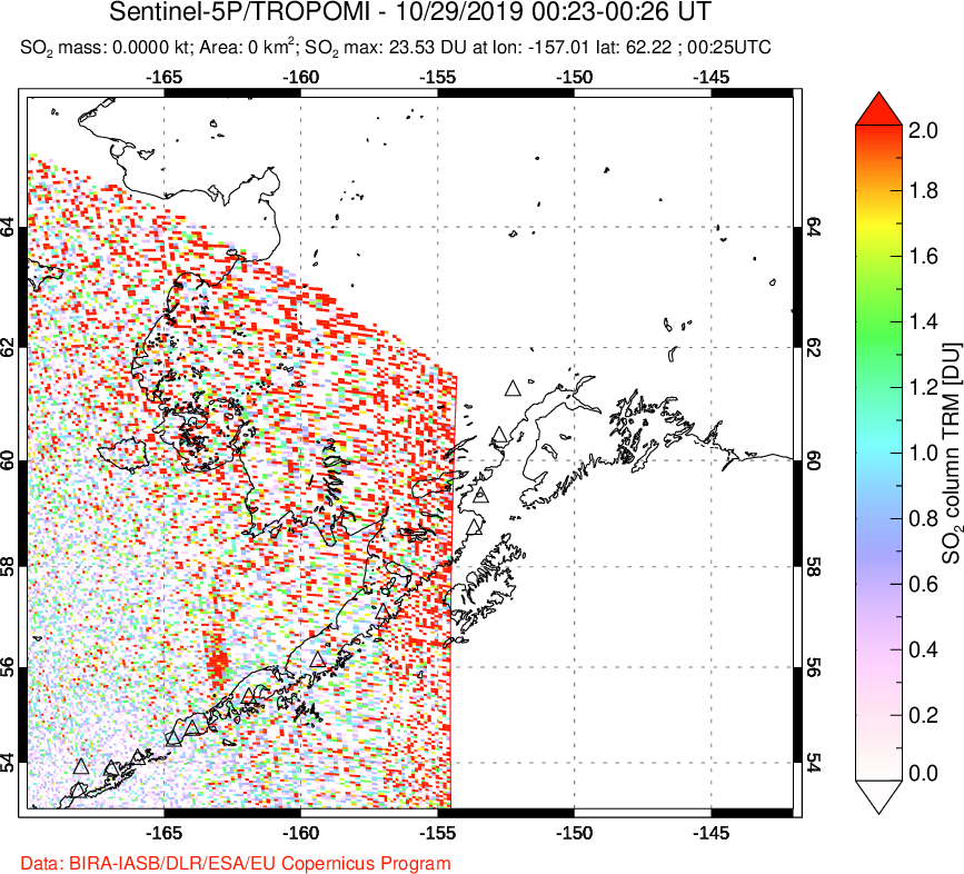 A sulfur dioxide image over Alaska, USA on Oct 29, 2019.