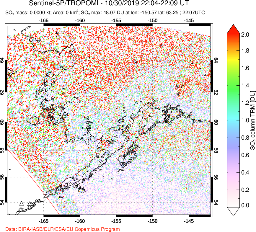 A sulfur dioxide image over Alaska, USA on Oct 30, 2019.