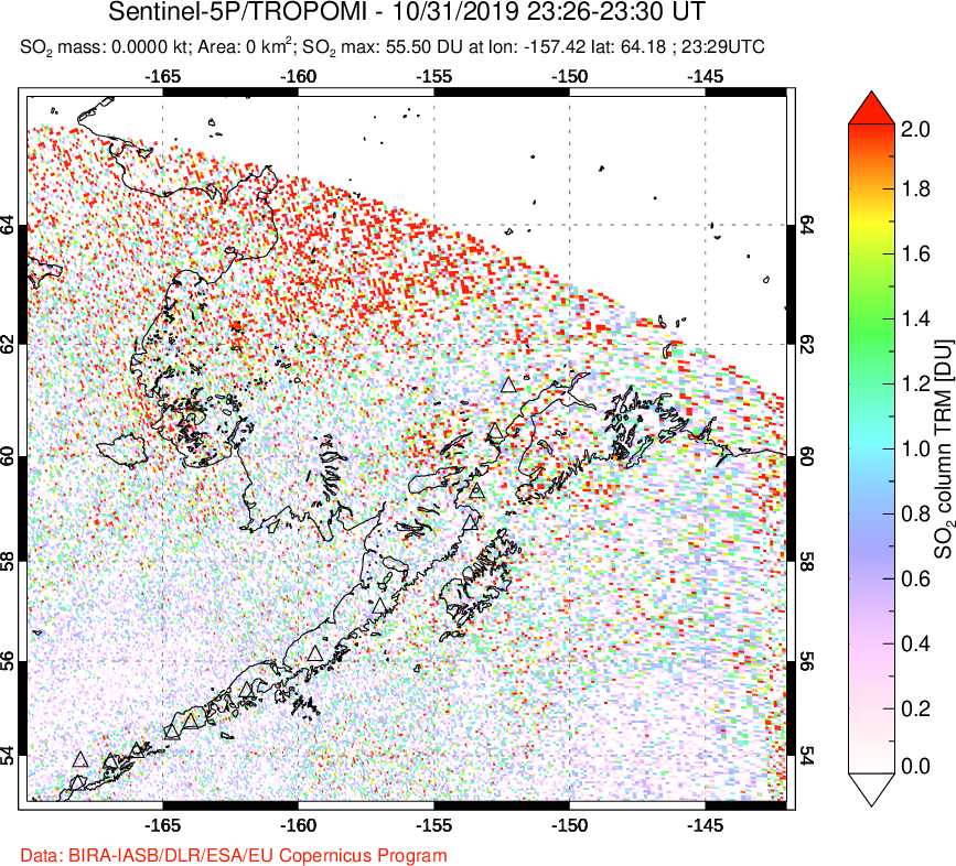 A sulfur dioxide image over Alaska, USA on Oct 31, 2019.