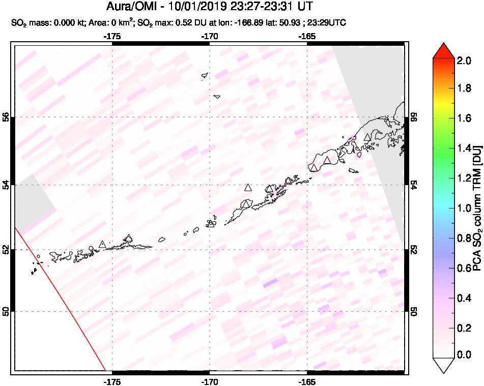 A sulfur dioxide image over Aleutian Islands, Alaska, USA on Oct 01, 2019.