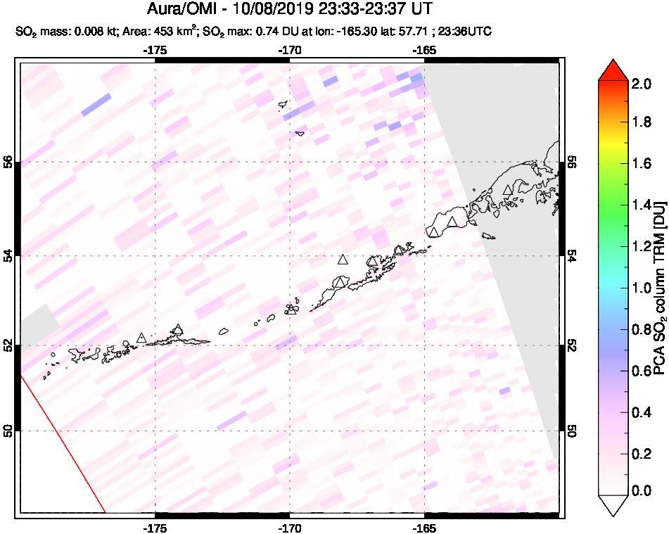 A sulfur dioxide image over Aleutian Islands, Alaska, USA on Oct 08, 2019.