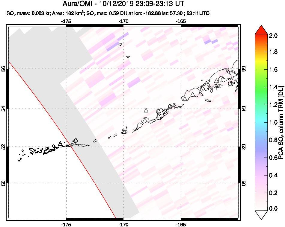 A sulfur dioxide image over Aleutian Islands, Alaska, USA on Oct 12, 2019.