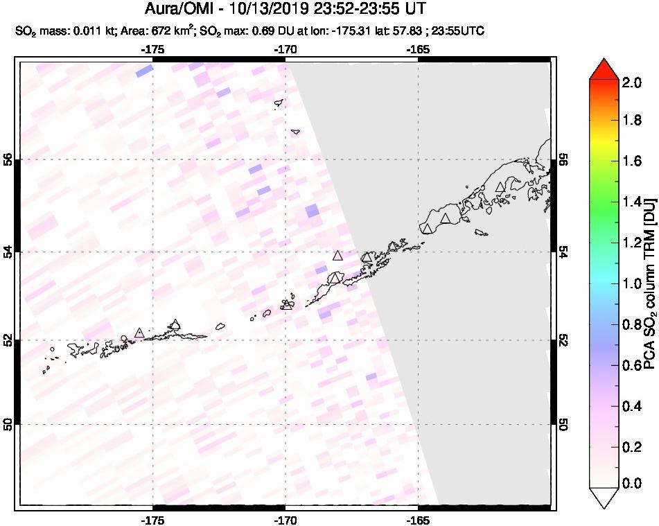 A sulfur dioxide image over Aleutian Islands, Alaska, USA on Oct 13, 2019.