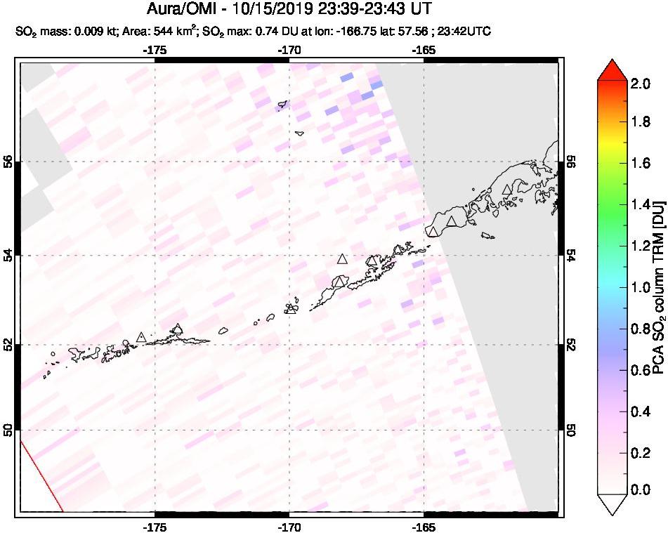 A sulfur dioxide image over Aleutian Islands, Alaska, USA on Oct 15, 2019.