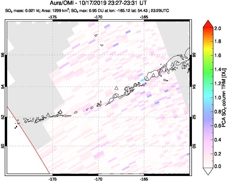 A sulfur dioxide image over Aleutian Islands, Alaska, USA on Oct 17, 2019.