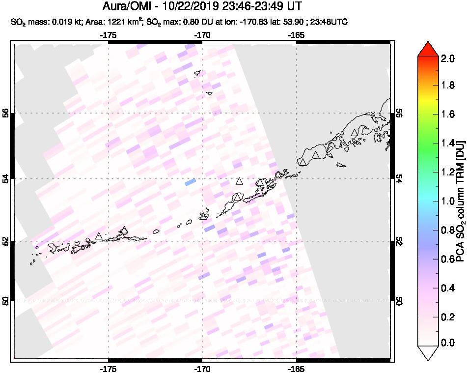 A sulfur dioxide image over Aleutian Islands, Alaska, USA on Oct 22, 2019.