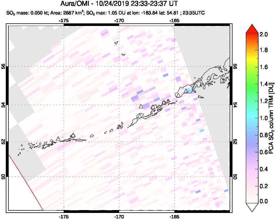 A sulfur dioxide image over Aleutian Islands, Alaska, USA on Oct 24, 2019.