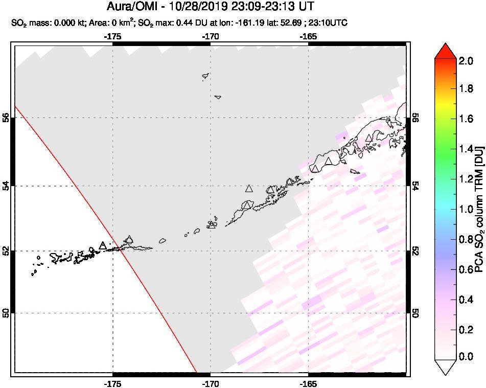 A sulfur dioxide image over Aleutian Islands, Alaska, USA on Oct 28, 2019.
