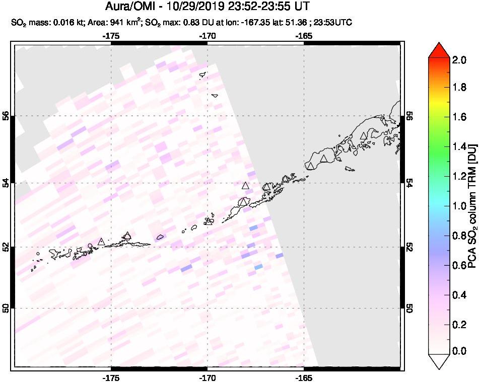 A sulfur dioxide image over Aleutian Islands, Alaska, USA on Oct 29, 2019.