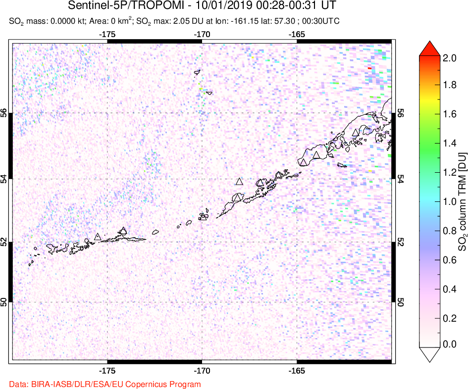 A sulfur dioxide image over Aleutian Islands, Alaska, USA on Oct 01, 2019.