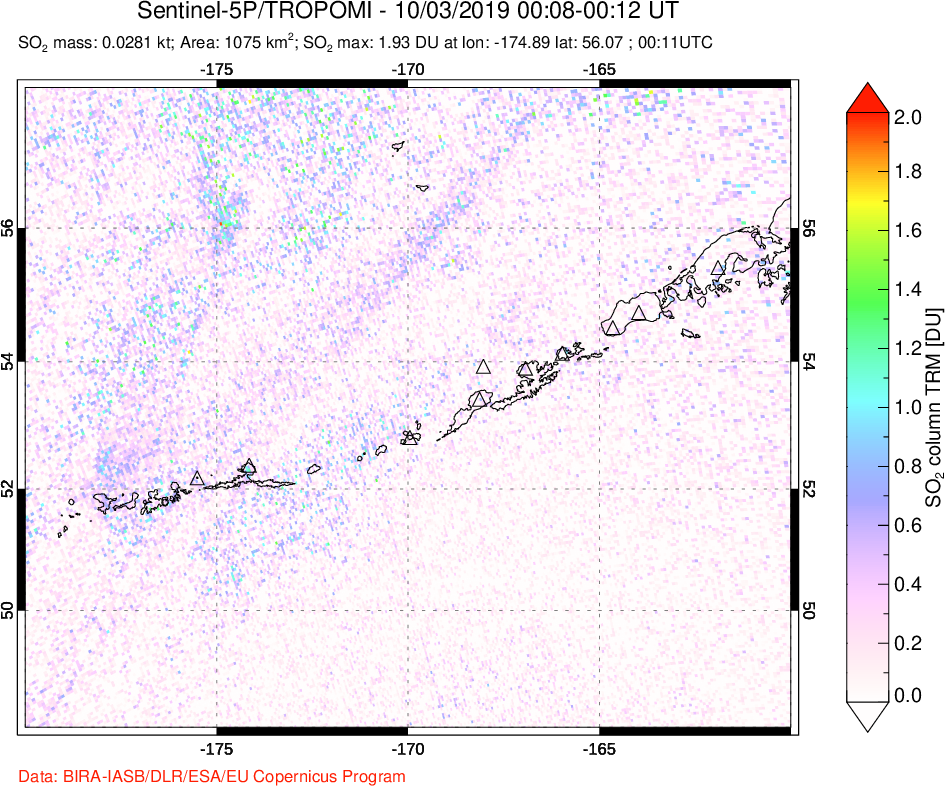 A sulfur dioxide image over Aleutian Islands, Alaska, USA on Oct 03, 2019.