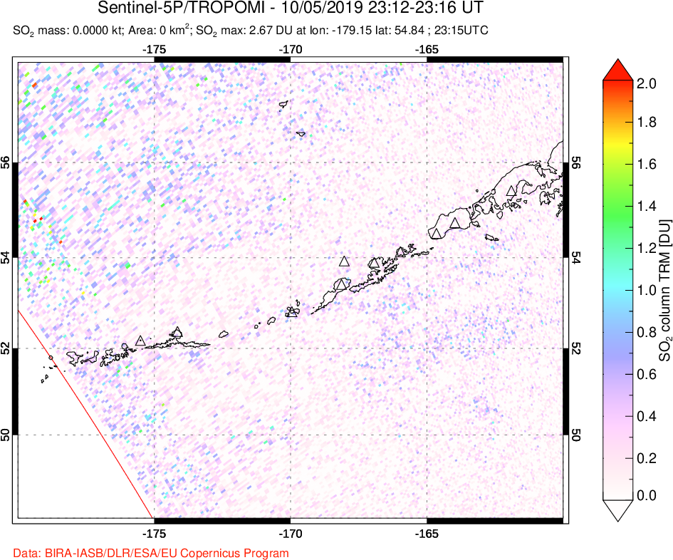A sulfur dioxide image over Aleutian Islands, Alaska, USA on Oct 05, 2019.