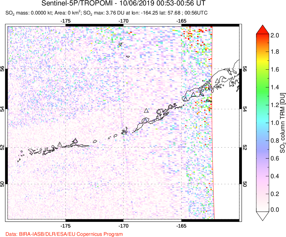 A sulfur dioxide image over Aleutian Islands, Alaska, USA on Oct 06, 2019.