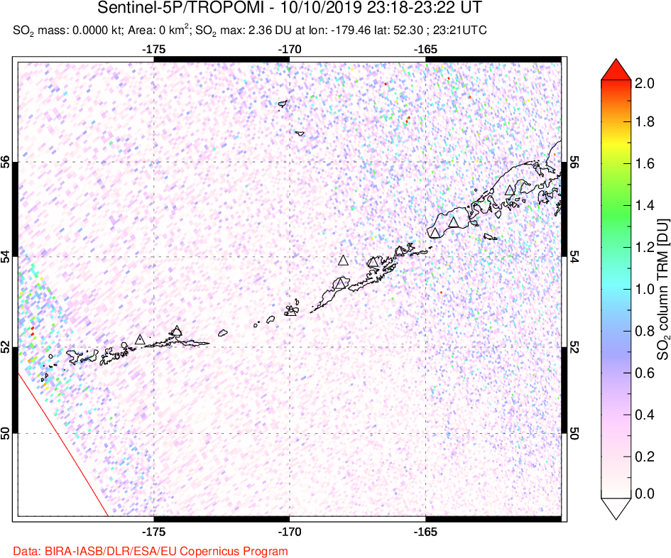 A sulfur dioxide image over Aleutian Islands, Alaska, USA on Oct 10, 2019.