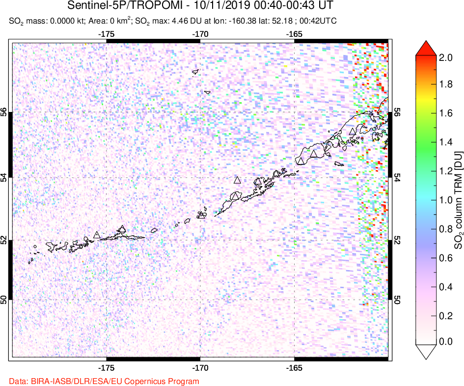 A sulfur dioxide image over Aleutian Islands, Alaska, USA on Oct 11, 2019.