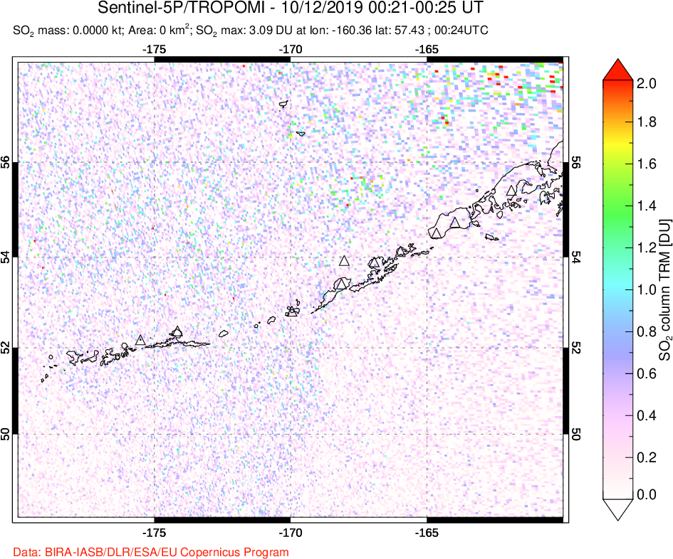A sulfur dioxide image over Aleutian Islands, Alaska, USA on Oct 12, 2019.