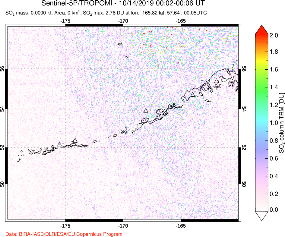A sulfur dioxide image over Aleutian Islands, Alaska, USA on Oct 14, 2019.