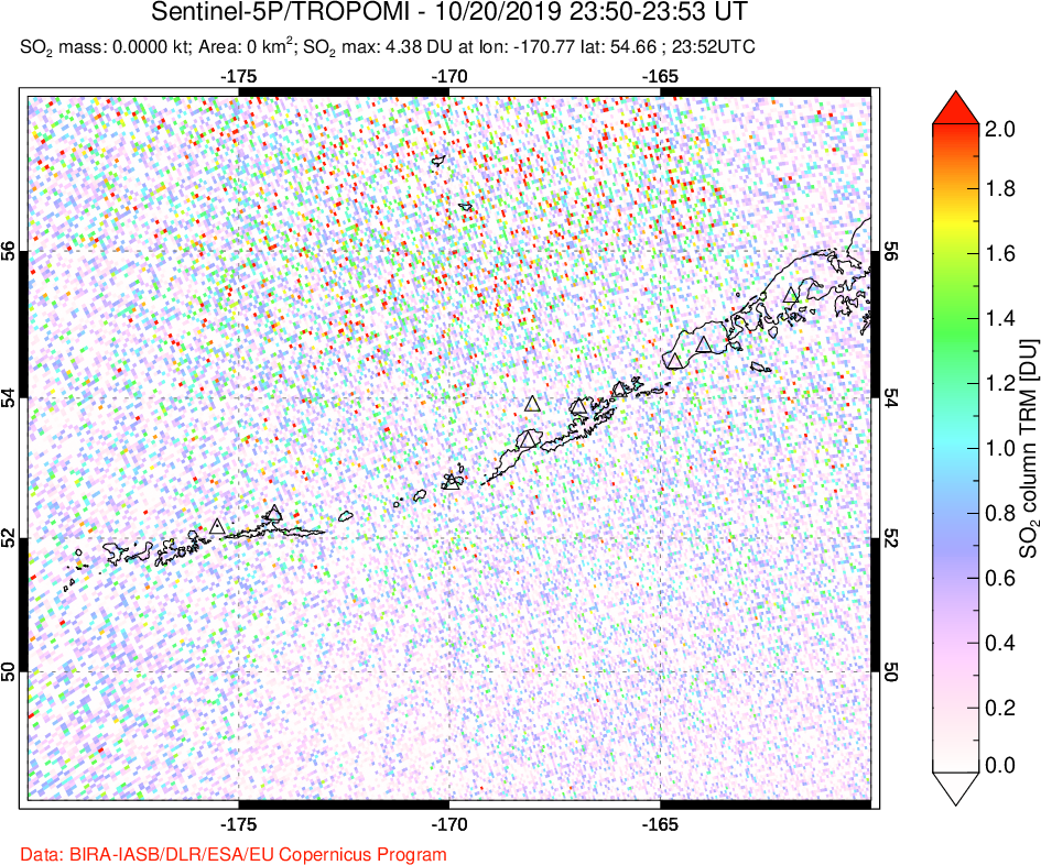 A sulfur dioxide image over Aleutian Islands, Alaska, USA on Oct 20, 2019.