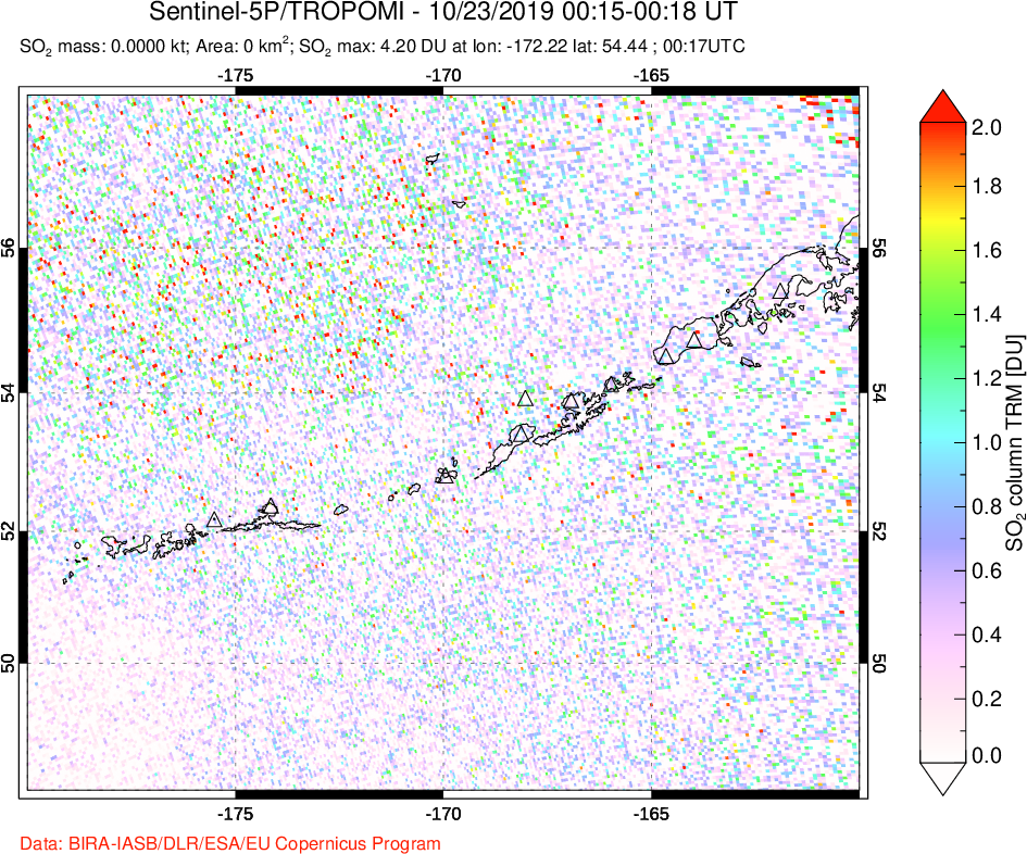 A sulfur dioxide image over Aleutian Islands, Alaska, USA on Oct 23, 2019.