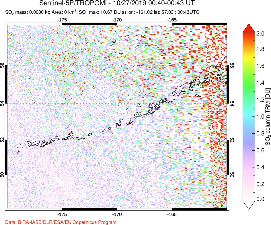 A sulfur dioxide image over Aleutian Islands, Alaska, USA on Oct 27, 2019.
