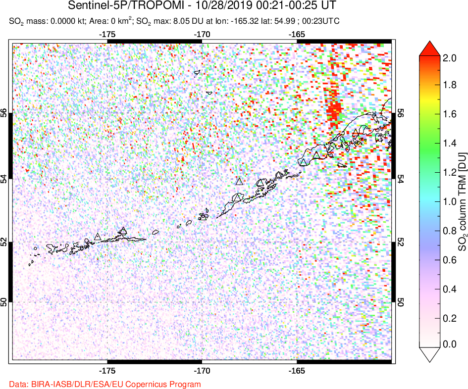 A sulfur dioxide image over Aleutian Islands, Alaska, USA on Oct 28, 2019.