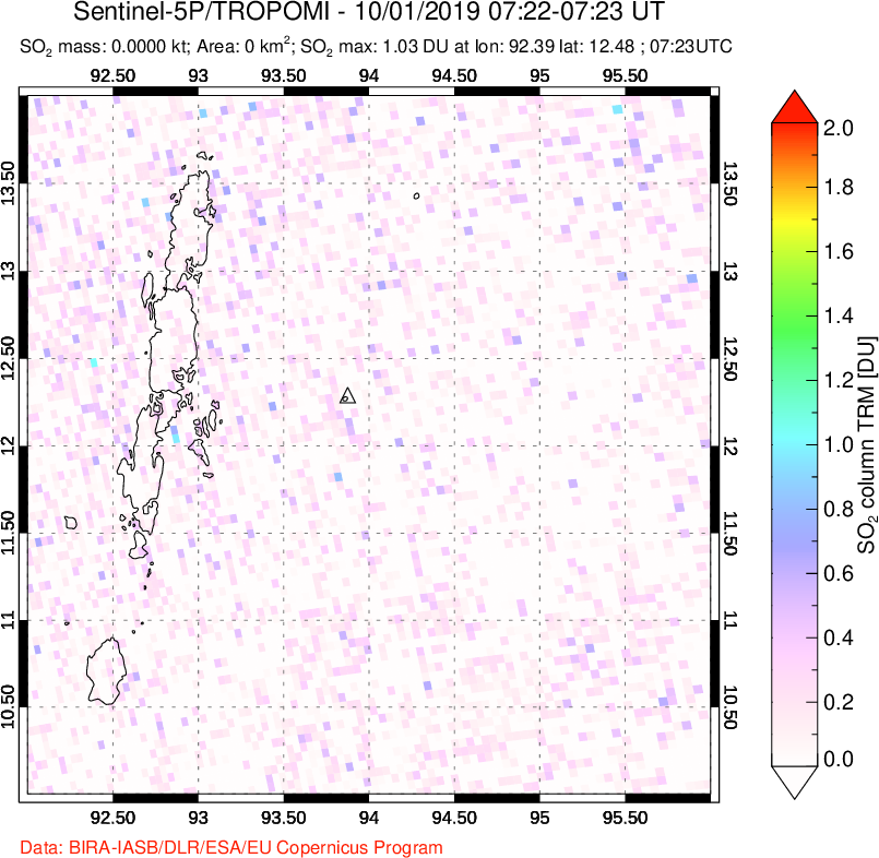 A sulfur dioxide image over Andaman Islands, Indian Ocean on Oct 01, 2019.