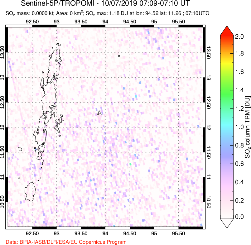 A sulfur dioxide image over Andaman Islands, Indian Ocean on Oct 07, 2019.