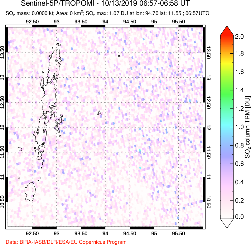 A sulfur dioxide image over Andaman Islands, Indian Ocean on Oct 13, 2019.