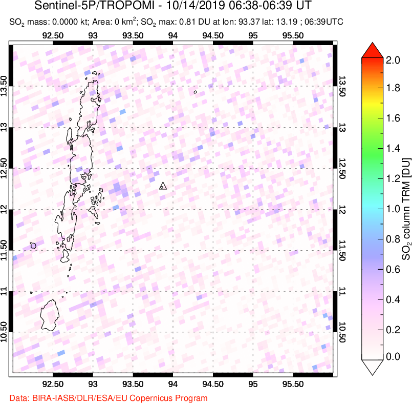 A sulfur dioxide image over Andaman Islands, Indian Ocean on Oct 14, 2019.