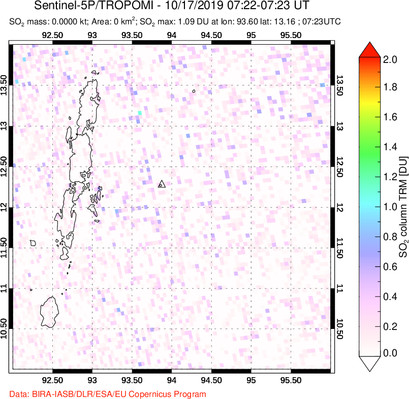 A sulfur dioxide image over Andaman Islands, Indian Ocean on Oct 17, 2019.
