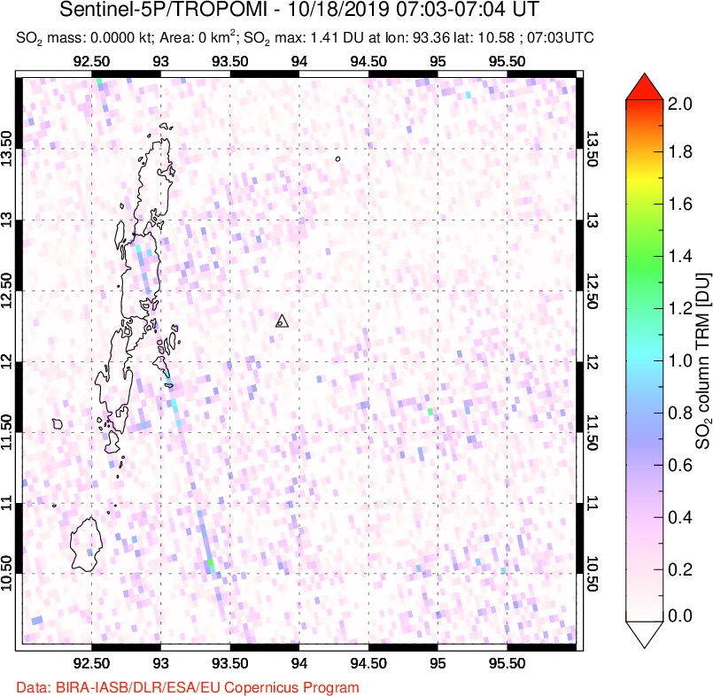 A sulfur dioxide image over Andaman Islands, Indian Ocean on Oct 18, 2019.