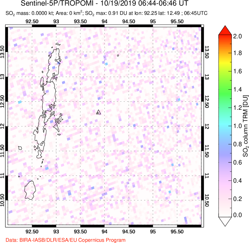 A sulfur dioxide image over Andaman Islands, Indian Ocean on Oct 19, 2019.