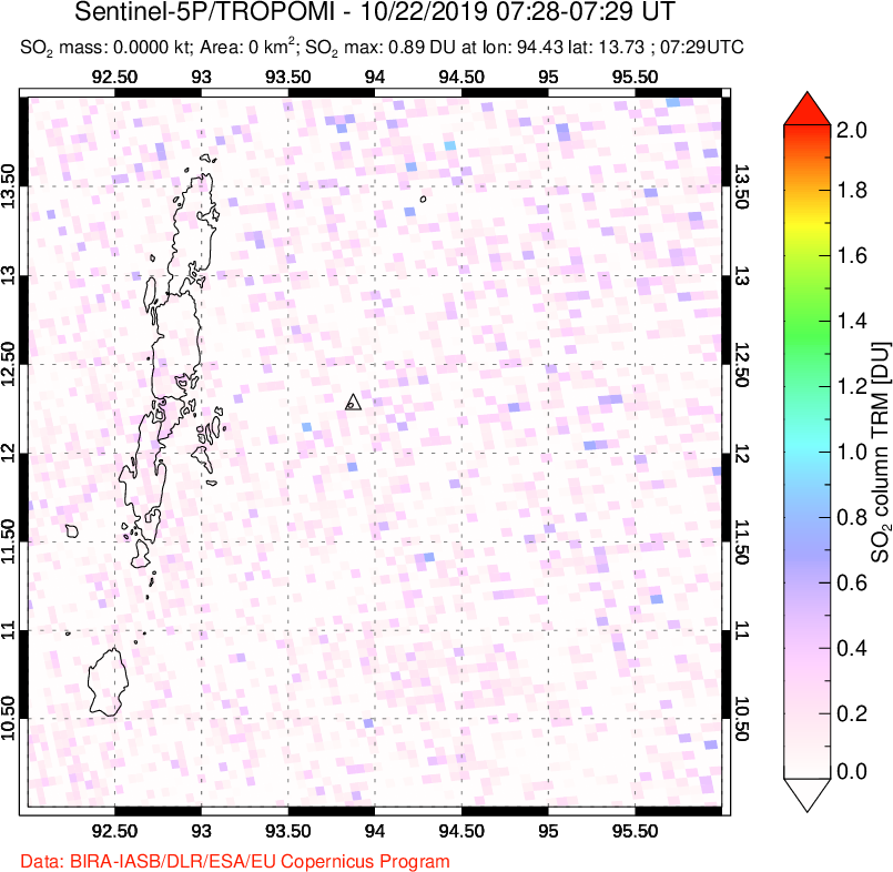 A sulfur dioxide image over Andaman Islands, Indian Ocean on Oct 22, 2019.