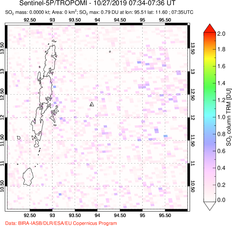 A sulfur dioxide image over Andaman Islands, Indian Ocean on Oct 27, 2019.