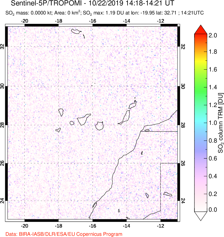 A sulfur dioxide image over Canary Islands on Oct 22, 2019.