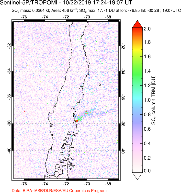 A sulfur dioxide image over Central Chile on Oct 22, 2019.