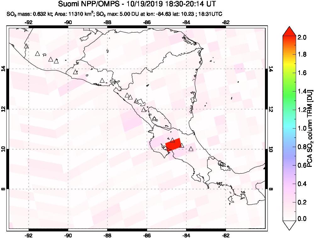 A sulfur dioxide image over Central America on Oct 19, 2019.