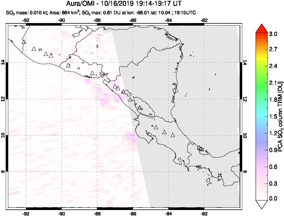 A sulfur dioxide image over Central America on Oct 16, 2019.